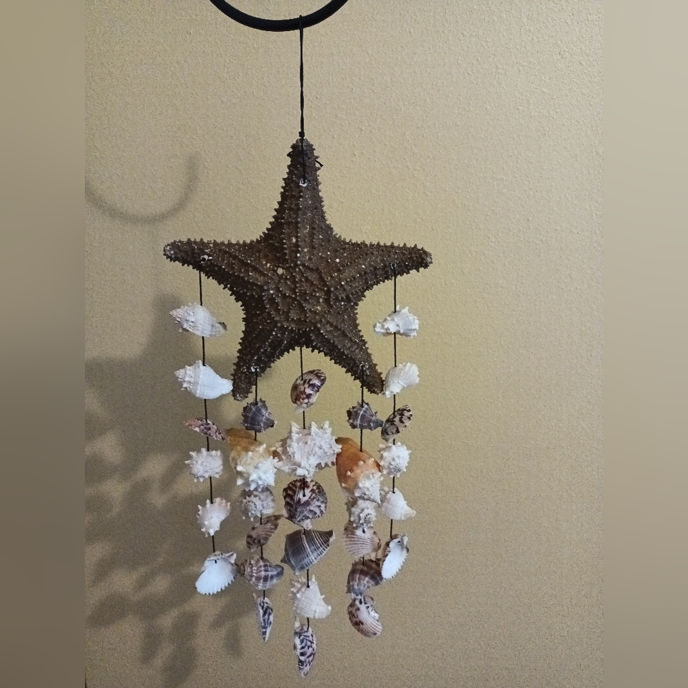 Natural Starfish and Sea Shell Hanging Wind Chime 23" Length Coastal Beach